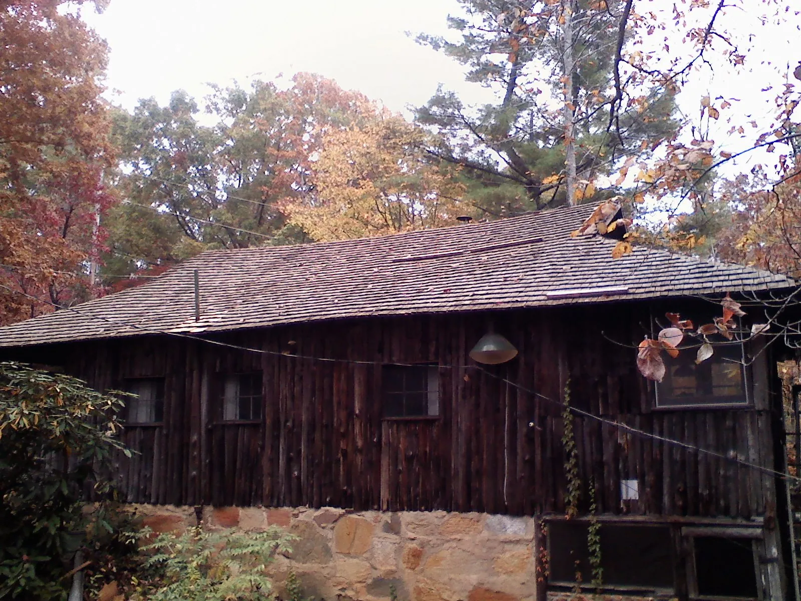 Weathered wood shake roof on a rustic board sided cabin in Layton